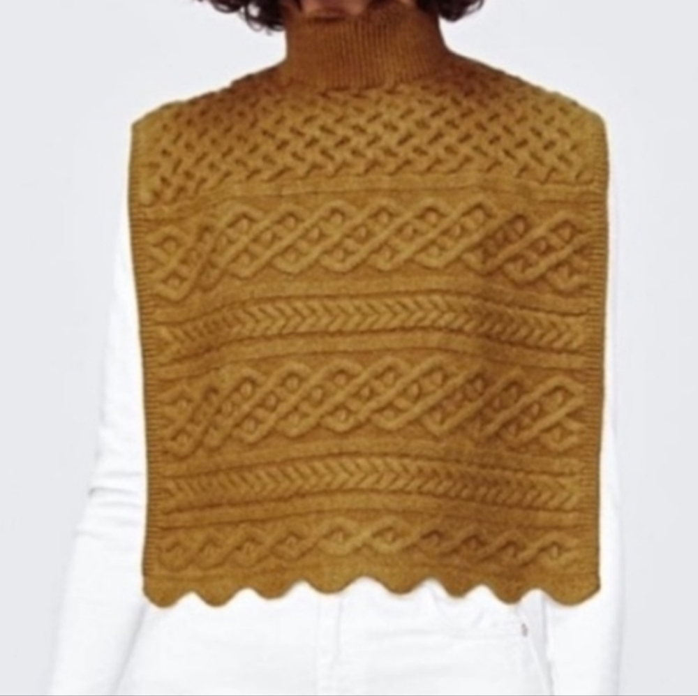 Zara Cable Knit Gold Turtleneck Sweater Vest with Open Sides Size Large